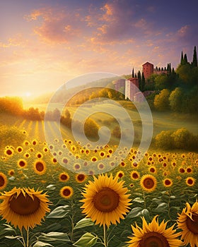 Italian landscape, relax, hills and sunflowers