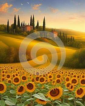 Italian landscape, relax, hills and sunflowers