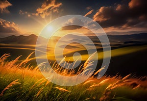 Italian landscape, Tuscany, sunset meadow mountain range