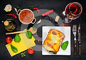 Italian Lasagna Pasta with Wine and Cooking Ingredients