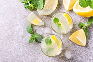 Italian lemon lime liqueur limoncello with ice and mint