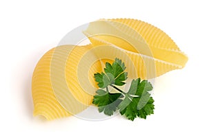 Italian lumaconi with leaf parsley isolated on white background. Lumache, snailshell shaped pasta