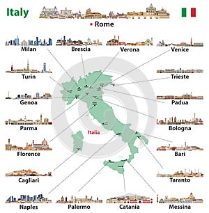 Italian map with main cities skylines. Vector illustration