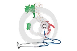Italian map with stethoscope, national health care concept, 3D r