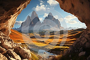 Italian marvel Tre Cimes three peaks shine in sunny landscape photo