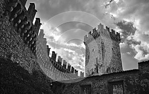 Italian medieval Vigoleno castle BW photo