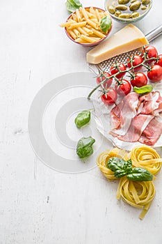 Italian or mediterranean food cuisine and ingredients on white c