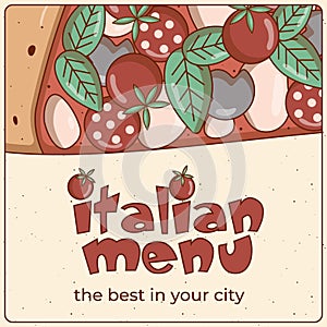 Italian menu lettering. Fast food piece Pizza. Poster, card, flyer, menu. Template for cafe, restaurant or food delivery
