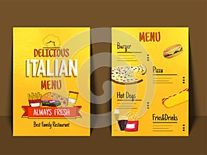 Italian menu placemat food restaurant brochure.