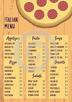 Italian menu on textured wood background.