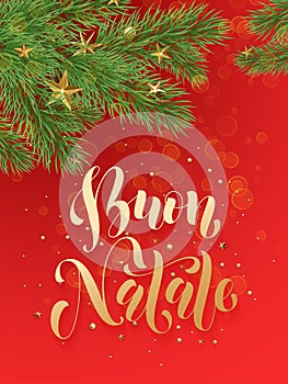 Italian Merry Christmas Buon Natale background decoration stars, balls, branches