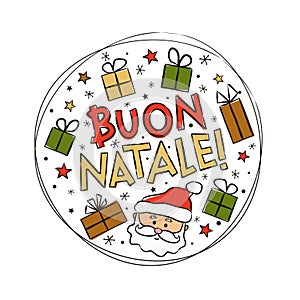 Italian Merry Christmas logo with Santa Claus and gift boxes