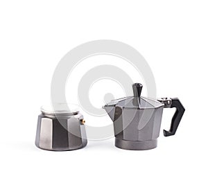 Italian metallic coffee maker on white.
