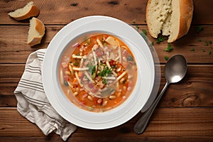 Italian Minestrone Soup. Vegetarian soup with vegetables, beans and pasta with basil. View from above