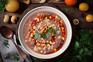 Italian Minestrone Soup. Vegetarian soup with vegetables, beans and pasta with basil. View from above