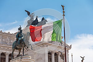 Italian national flag in front of Altare della Patria