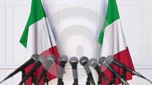 Italian official press conference. Flags of Italy and microphones. Conceptual animation