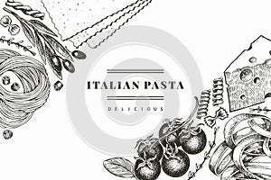 Italian pasta with additions design template. Hand drawn vector food illustration. Engraved style. Vintage pasta different kinds