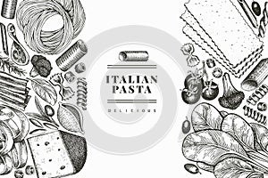 Italian pasta with additions design template. Hand drawn vector food illustration. Engraved style. Vintage pasta different kinds