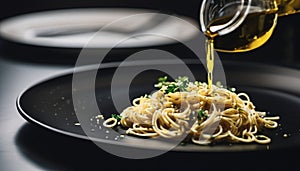 Italian pasta aglio e olio. Pasta with olive oil, parmesan cheese and garlic.