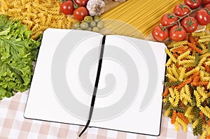 Italian pasta with blank recipe book, cookbook, copy space