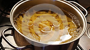 Italian Pasta in boiling water in the pan