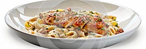 Italian Pasta with Chicken Fillet, Cream, Parmesan Espuma, Cheese, Pistachios, Olive Salt and Parsley photo