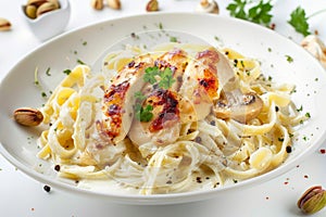Italian Pasta with Chicken Fillet, Cream, Parmesan Espuma, Cheese, Pistachios, Olive Salt and Parsley photo
