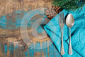 Italian pasta Christmas dinner concept with blue napkin and christmas decoration