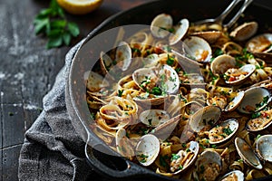 Italian Pasta with Clams in a Rustic Kitchen Setting