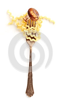 Italian pasta design element. A fork with fusilli and a fried mushroom