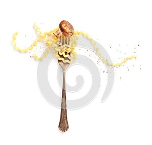 Italian pasta design. A vintage style fork with long fusilli, a fried mushroom, and pepper on a white background