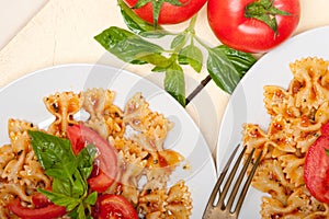 Italian pasta farfalle butterfly bow-tie and tomato sauce