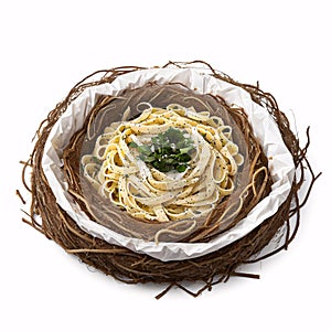 The Italian pasta fettuccine nest is isolated on a white background.