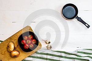 Italian pasta ingredients. Cherry tomato and spices for cooking