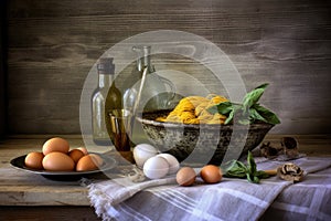 italian pasta ingredients: eggs, flour, and olive oil