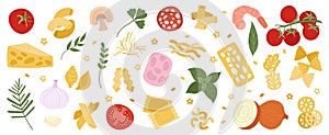 Italian pasta ingredients, mediterranean spaghetti cooking. Italy food doodles, fresh shrimps, tomatoes, cheese. Healthy