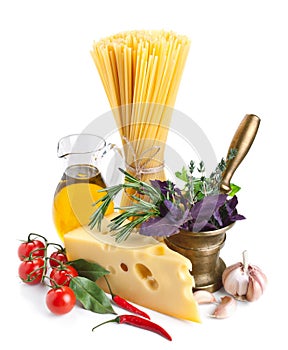 Italian pasta ingredients on white