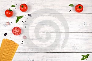 Italian pasta ingredients on white wooden table, top view