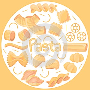 Italian pasta inscription and farfalle macaroni. Design for national cuisine cafe, restaurant logo