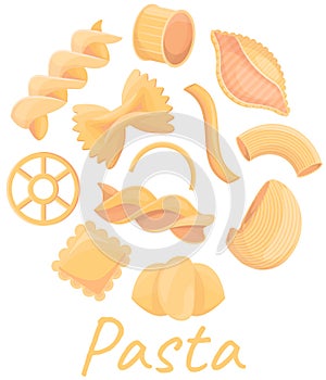 Italian pasta inscription and farfalle macaroni. Design for national cuisine cafe, restaurant logo