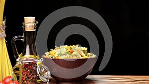 Italian pasta, Italian pasta ingredients, flour, pasta assortment of olive oil in a bottle, still life, spices spaghetti, studio