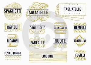 Italian pasta labels set. Hand drawn vector food illustration. Engraved style. Vintage pasta different kinds