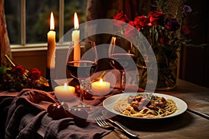 italian pasta meal set for two with red wine and candles