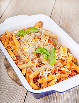 Italian pasta with meat sauce and parmesan cheese