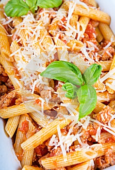 Italian pasta with meat sauce and parmesan cheese