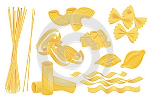 Italian pasta mega set in graphic flat design. Bundle elements of spaghetti, macaroni, noodle, farfalle, conchiglie, fettuccine