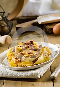 Italian pasta, pappardelle with hare sauce, selectiv focus
