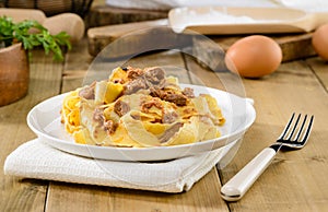 Italian pasta, pappardelle with hare sauce, selectiv focus photo