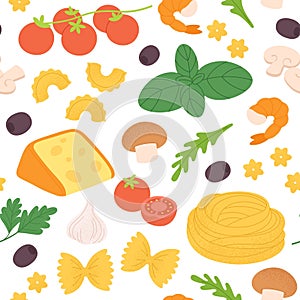 Italian pasta pattern. Fresh raw ingredients, food for prepare noodle or pizza. Cheese and vegetables, green and olive